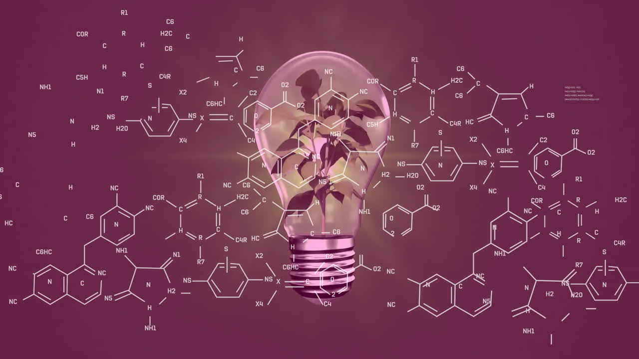 animación de la fórmula química sobre una bombilla con una planta en fondo púrpura