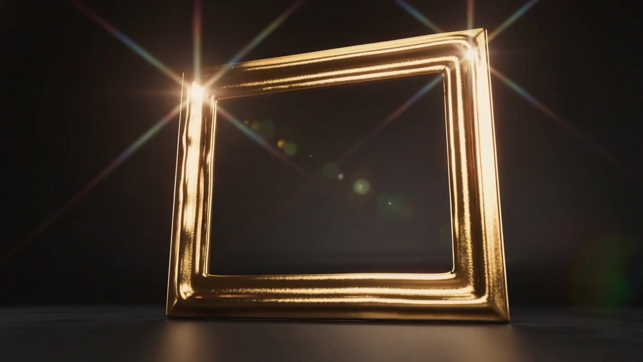 Luz superior direita acionando moldura dourada girando para revelar perfil escalonado em cenário de estúdio baixo, reflexo.