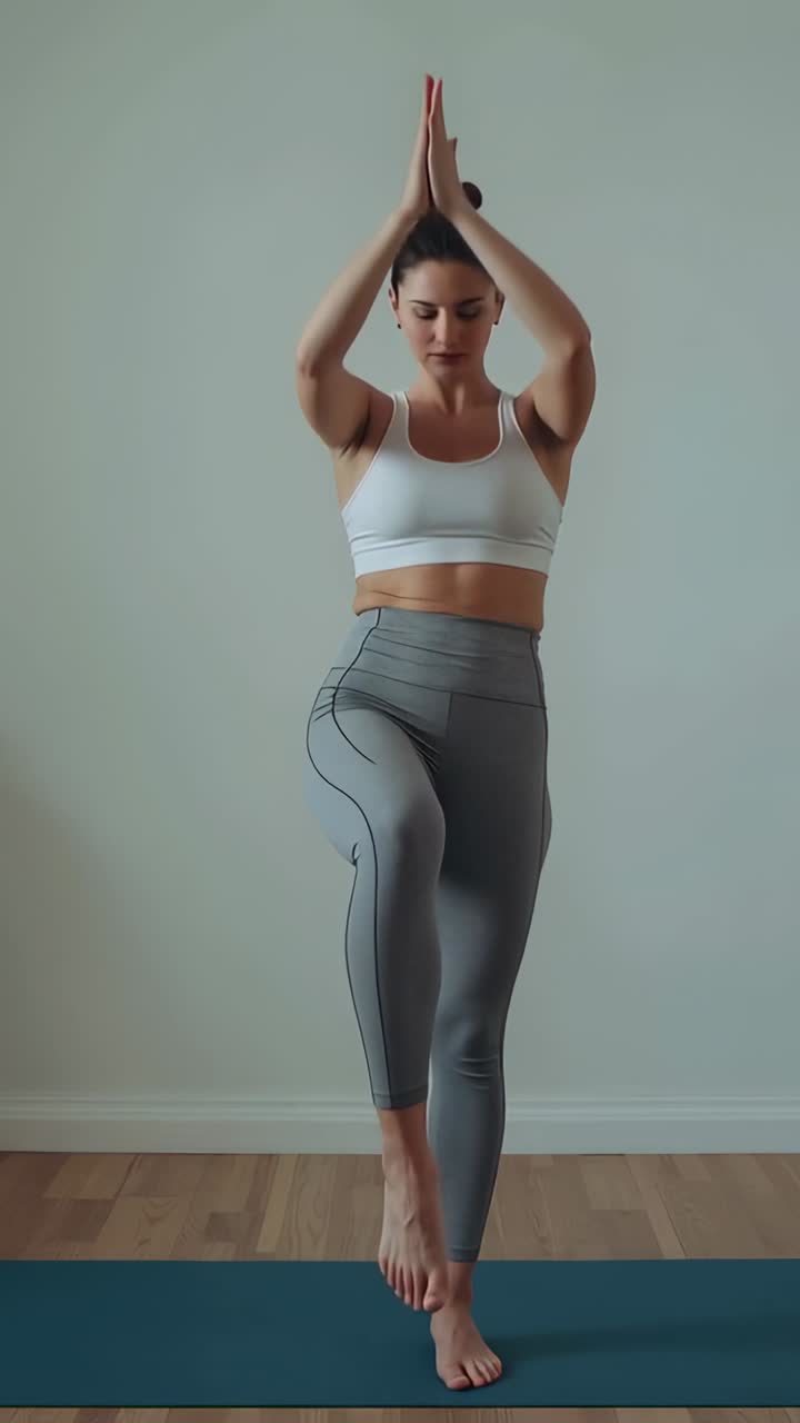 Vídeo vertical: Mulher em roupas esportivas, com os braços para cima, levantando o joelho e fazendo equilíbrio em um tapete azul em casa.