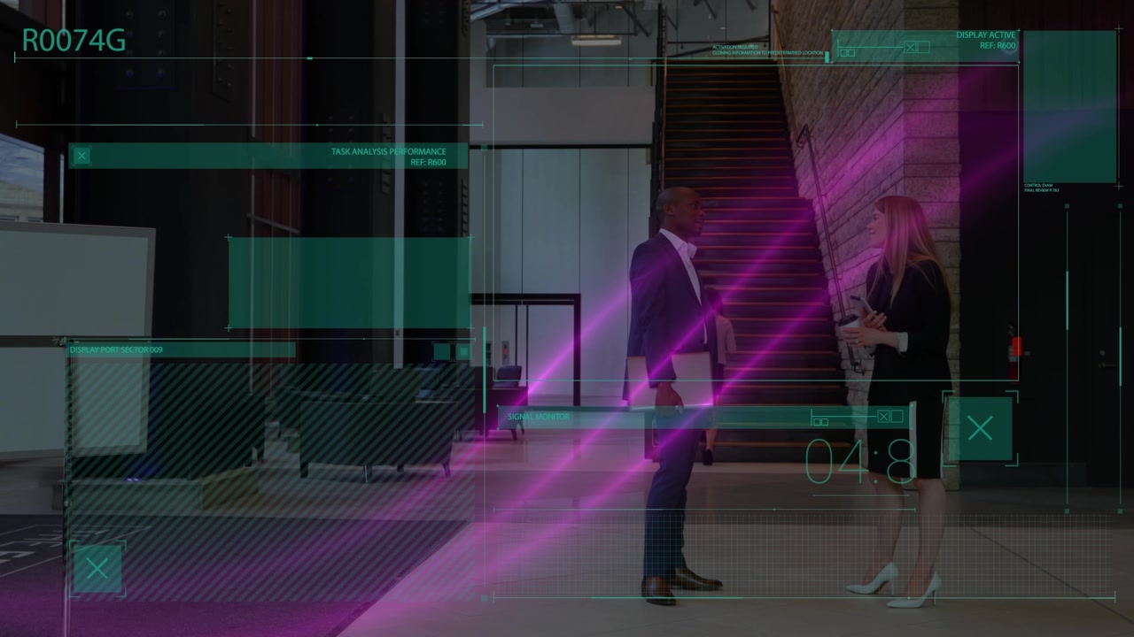 Animation of digital interface and changing numbers over multiracial colleagues discussing in office