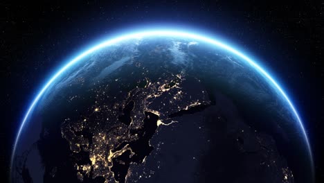 beautiful blue planet. sunrise over the rotating earth. night cities illustration. skyline 3d animation view from space. modern business technology concept