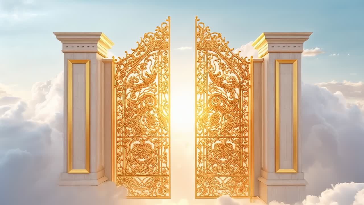 Opening gilded double gate as rising light behind widening gap above clouds, lighting pillars
