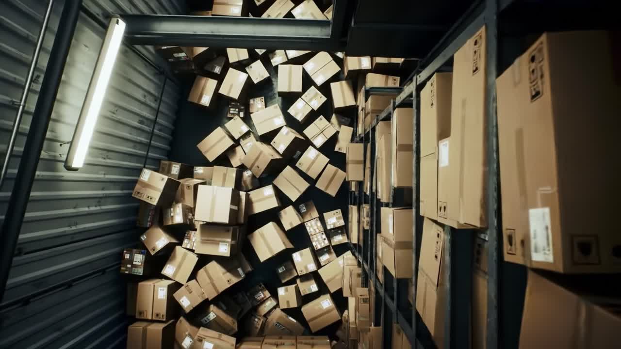 Inside a shipping container in a warehouse, cardboard boxes are stacked high and haphazardly, spilling over and creating a chaotic arrangement under artificial lighting.