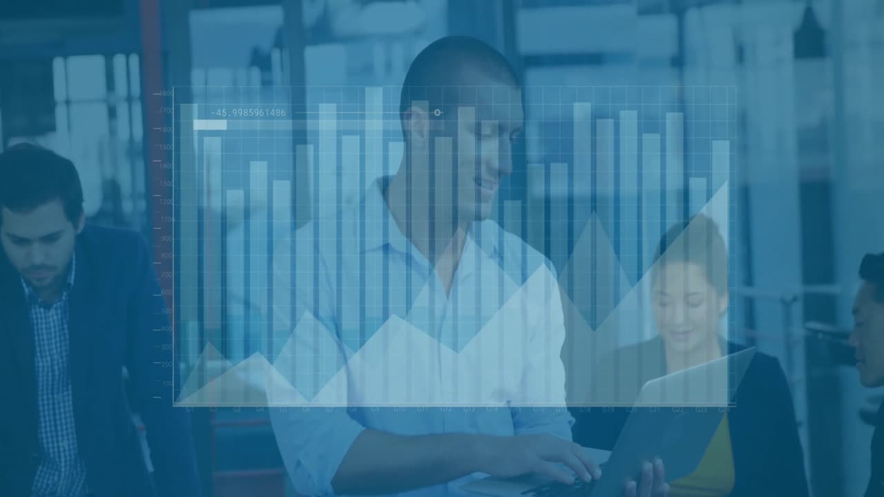 Animation of graphs, loading bar over caucasian man standing and using laptop in office