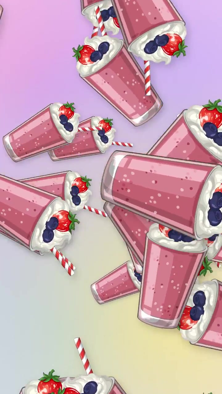 Animación 2D dinámica de batidos rosas cayendo con crema batida y bayas sobre un fondo morado