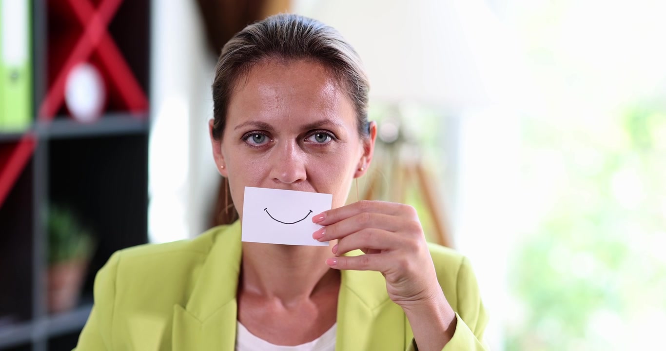 Una donna triste posa un foglio di carta con un sorriso disegnato.