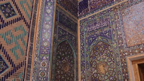 ornate blue tiling design and artwork in registan square in samarkand, uzbekistan along the historic silk road