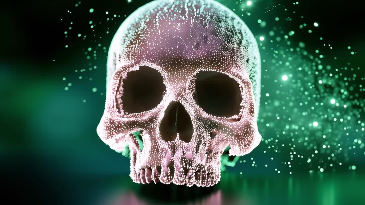Un teschio luminoso pulsa con particelle digitali. Lo sfondo scuro esalta un'atmosfera inquietante e futuristica. Scintille verdi fluttuano intorno al teschio. Una superficie riflettente ne rispecchia il bagliore inquietante. Questo simboleggia il decadimento.