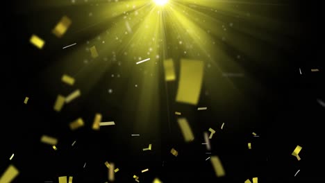 Animation-of-confetti-falling-over-yellow-light-on-black-background