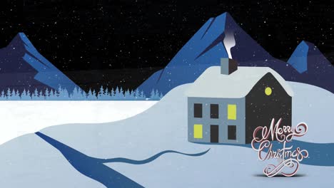 animation of merry christmas text over winter scenery with decorated house