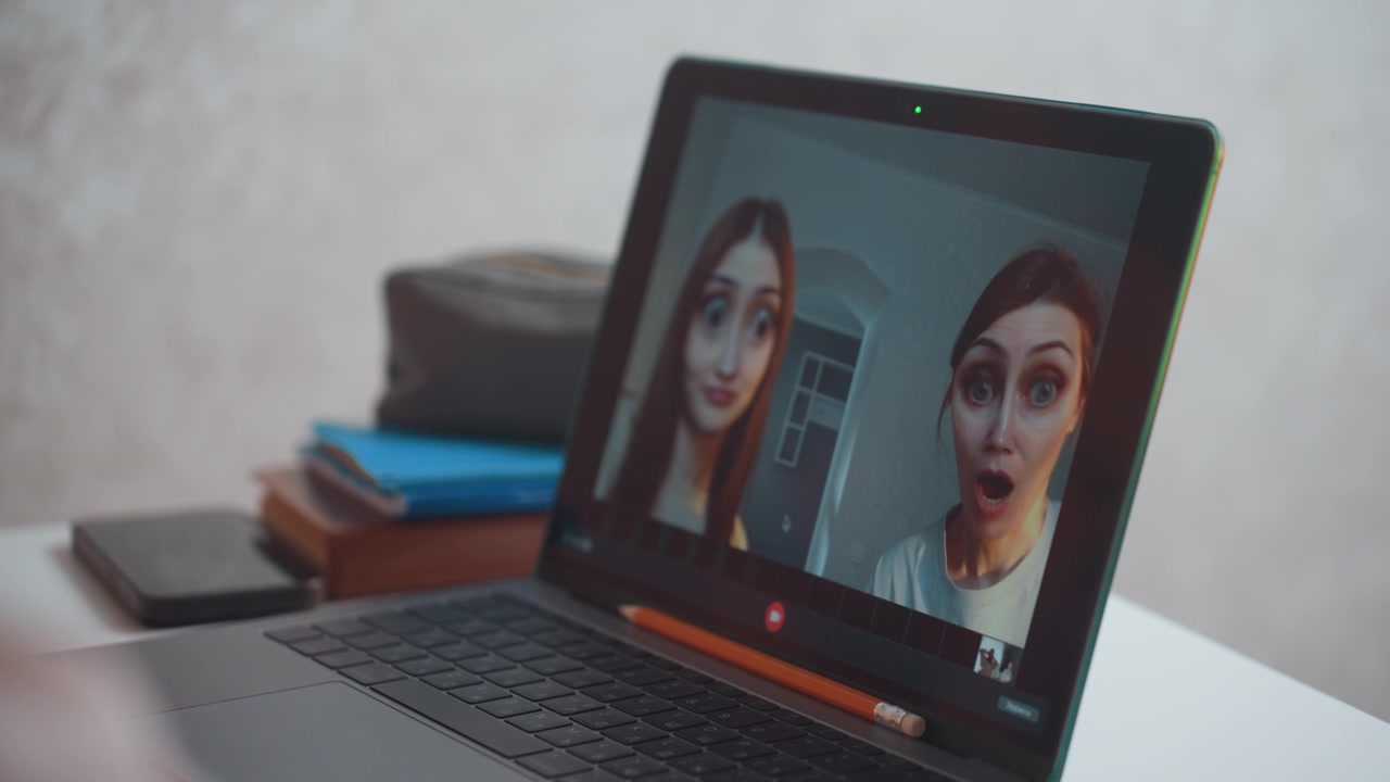 Virtual group class on laptop screen showing gallery view of participants then focused presenters, host and tutor lead live discussion with hand gestures, candid facial expressions and responsive