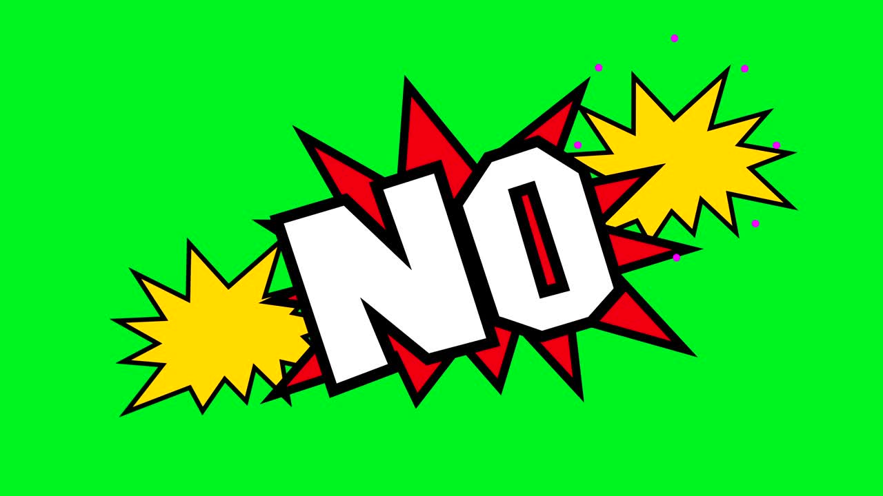 4K. yes ,no ,okay in comic strip speech cartoon animation style with an explosion shape. white text, red and yellow spikes isolated on chroma key green screen background