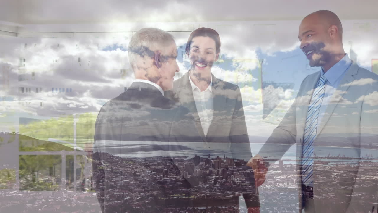 composición digital de diversos empresarios que se dan la mano sobre las nubes en el cielo contra el paisaje urbano