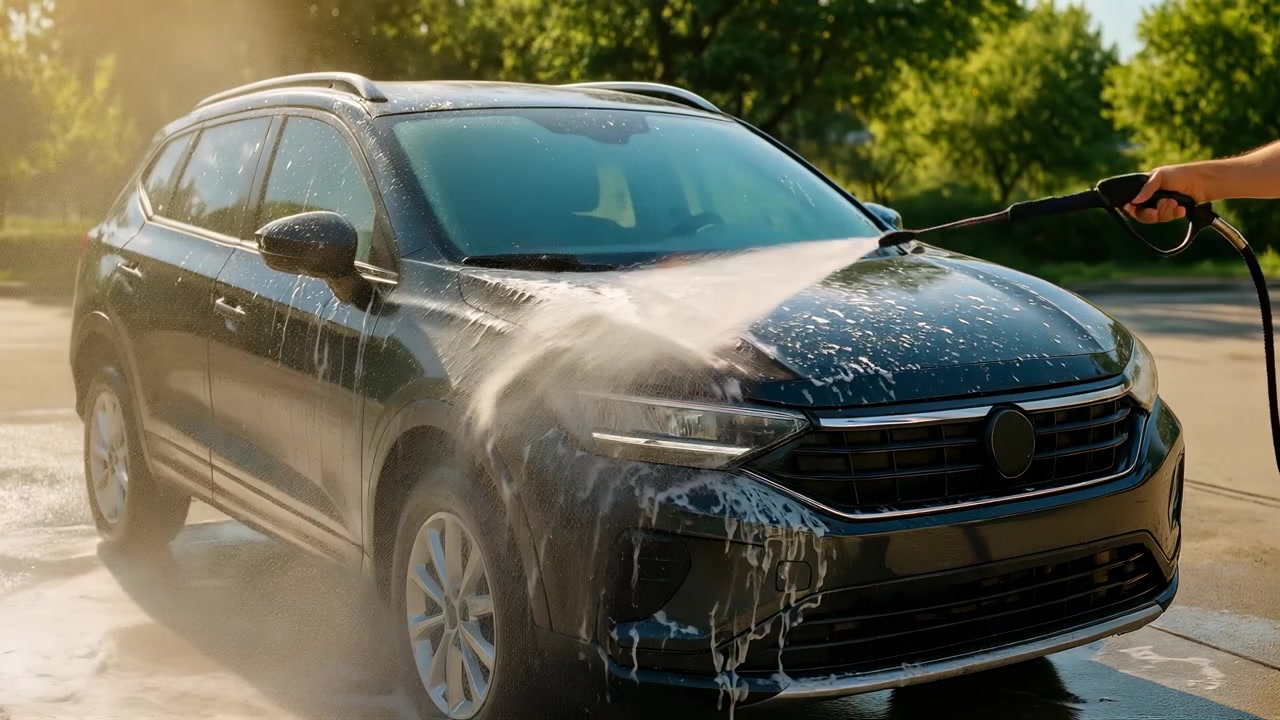 Persona che lava un SUV scuro con un'idropulitrice