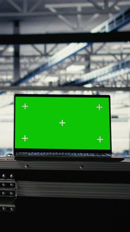 vertical video artificial intelligence technology on green screen notebook in data center