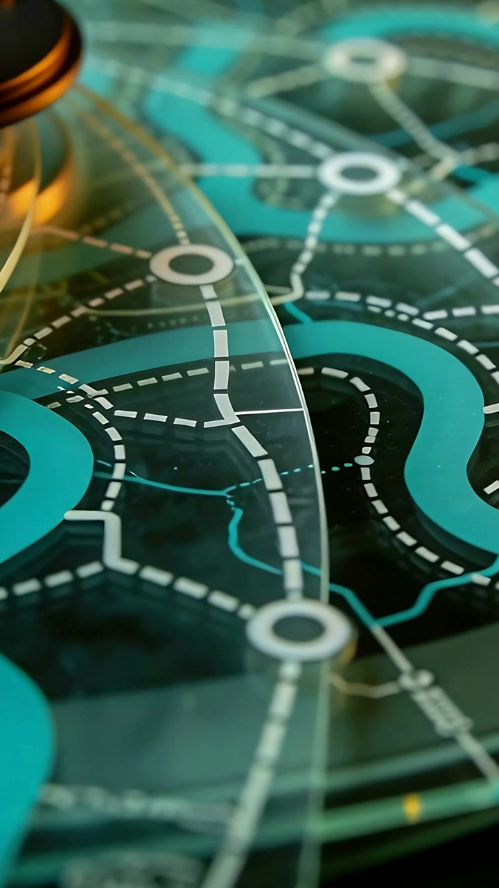 Vertical video: Sliding clear disc moving over map's teal path on table, brass pivot enabling shift
