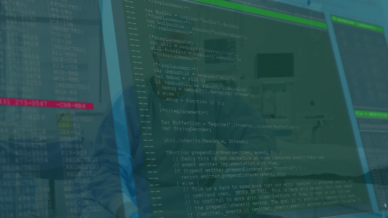 Software developer typing code in office, with floating JavaScript lines and hexagon frames