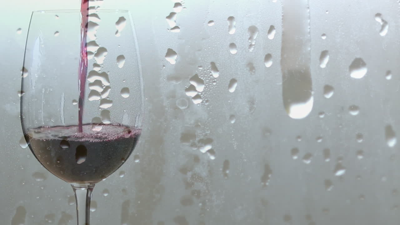 회색 배경 에 잔 에  ⁇ 여 있는 빨간 와인 위 에  ⁇ 방울 의 애니메이션