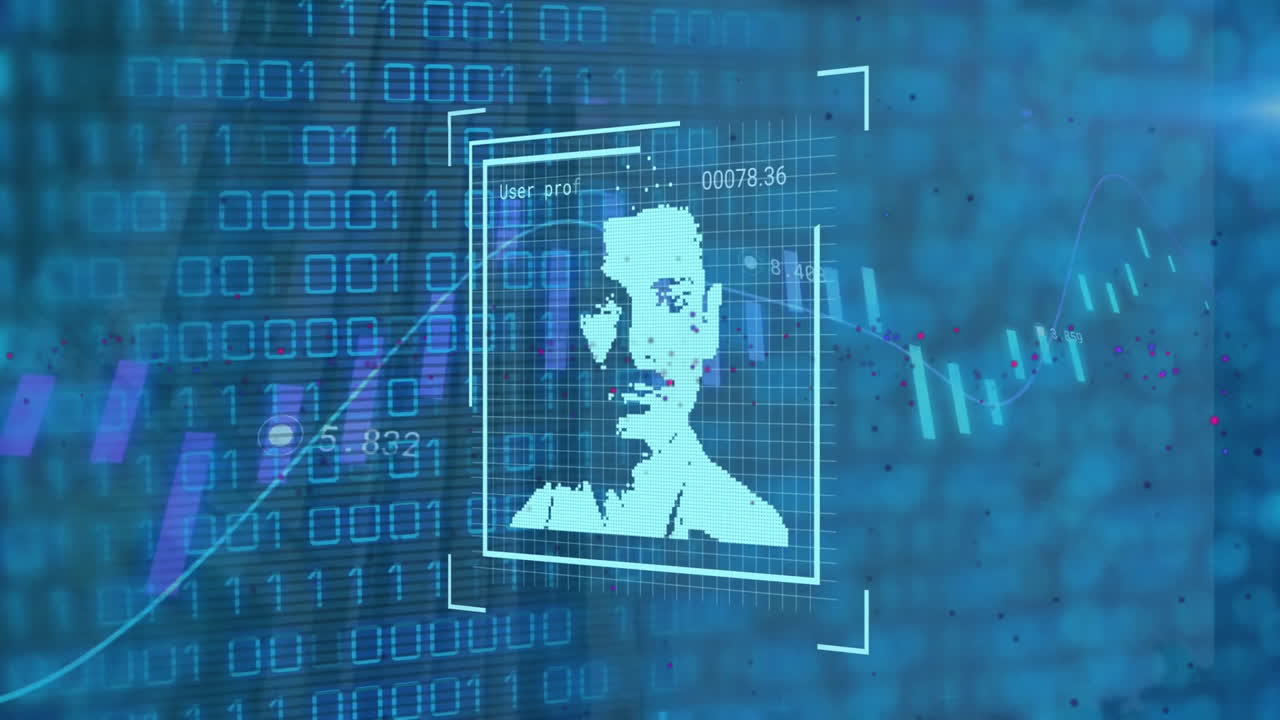Animation of digital face identity scans over charts and binary data processing on blue