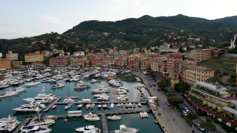 Yachts-and-Boats-in-Port-Marina-of-Santa-Margherita-Ligure,-Italy---Aerial