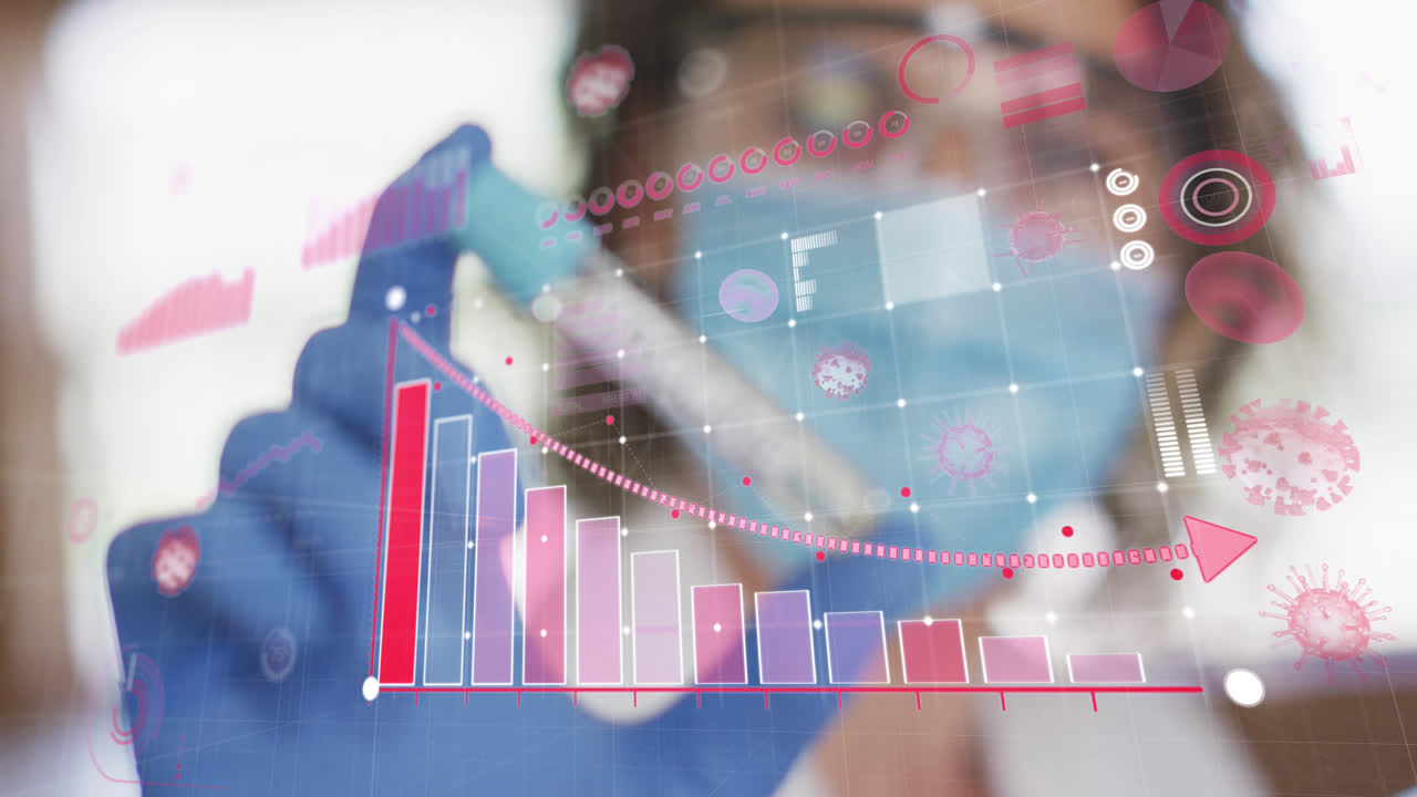 animación de estadísticas con una mujer sosteniendo un frasco de vacuna y usando una máscara facial