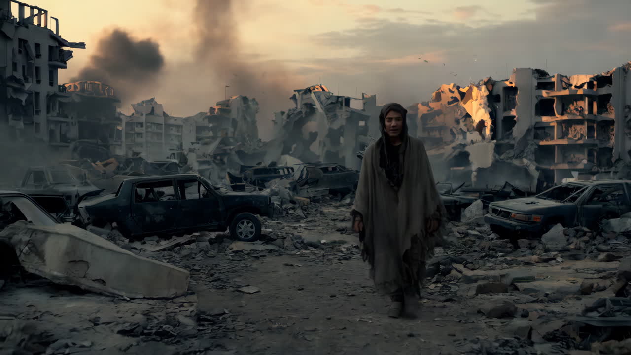 War-Torn Cityscape and A lone figure