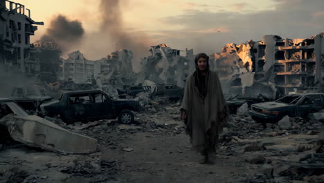 war-torn cityscape and a lone figure