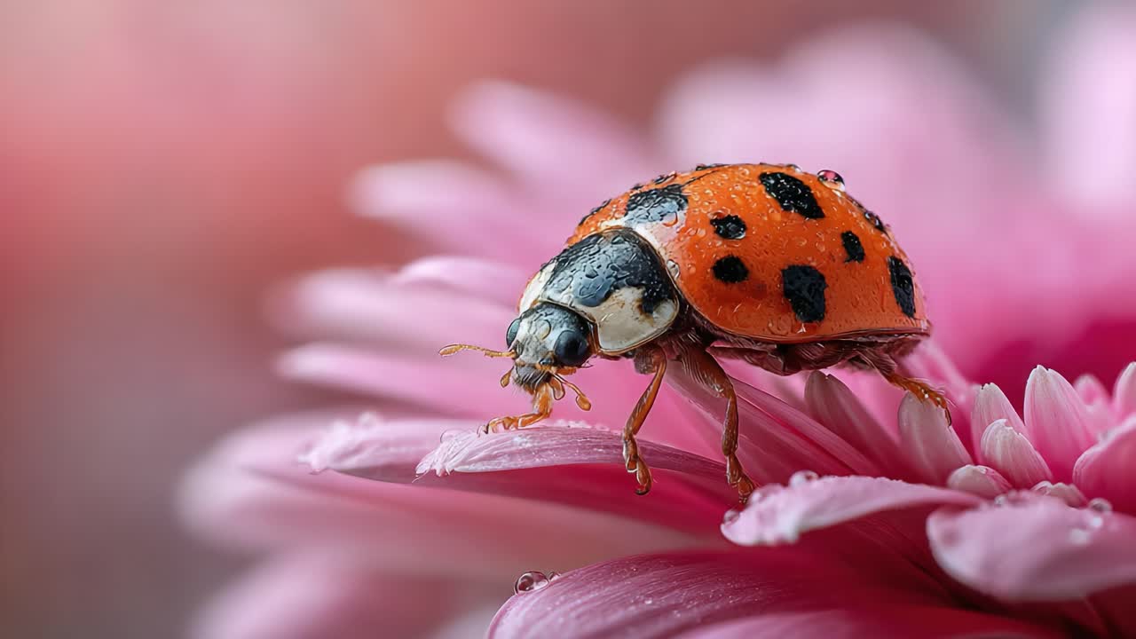 A Stunning Macro View of a Colorful Ladybug on a Delicate Pink Flower Petal, Capturing the Charm of Nature's Small Wonders in All Their Glory