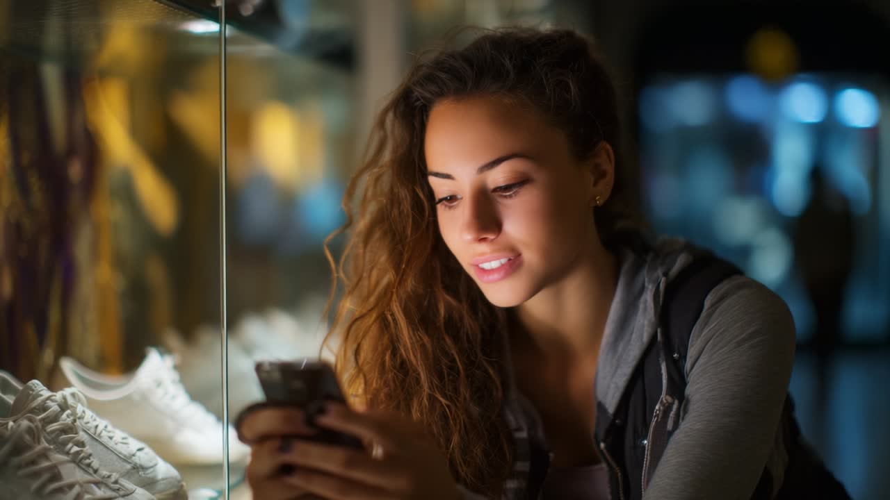 Engaged in Digital Discovery: A Young Woman's Captivating Moment as She Interacts with Her Smartphone in Front of a Display Case Filled with Stylish Footwear, Blending Technology and Fashion in Modern Retail