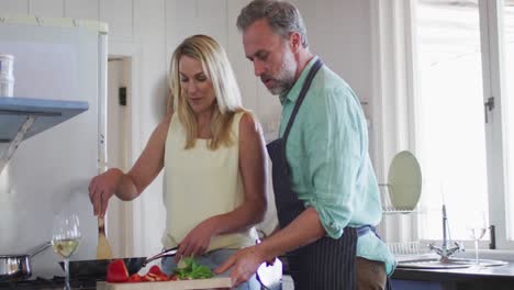 happy caucasian mature couple cooking together and drinking wine in the kitchen