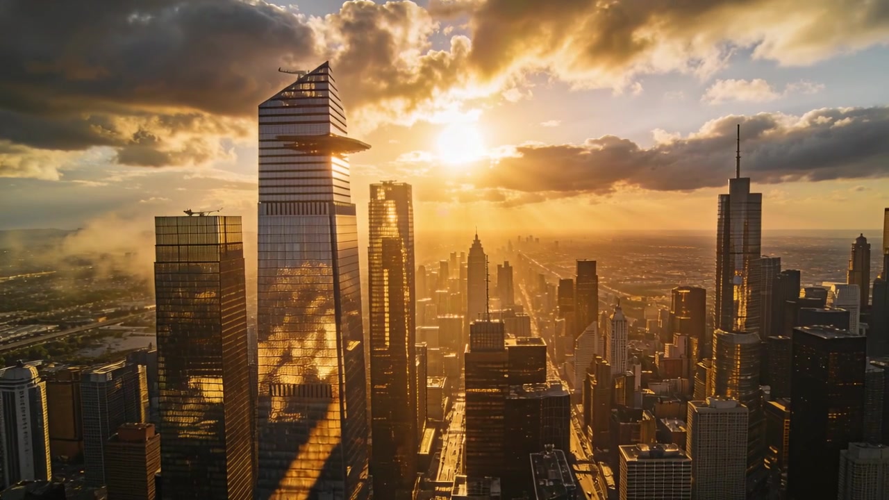 Drone in volo che mostra una torre a strisce nel centro città che riflette una luce dorata mentre il sole filtra tra le nuvole.