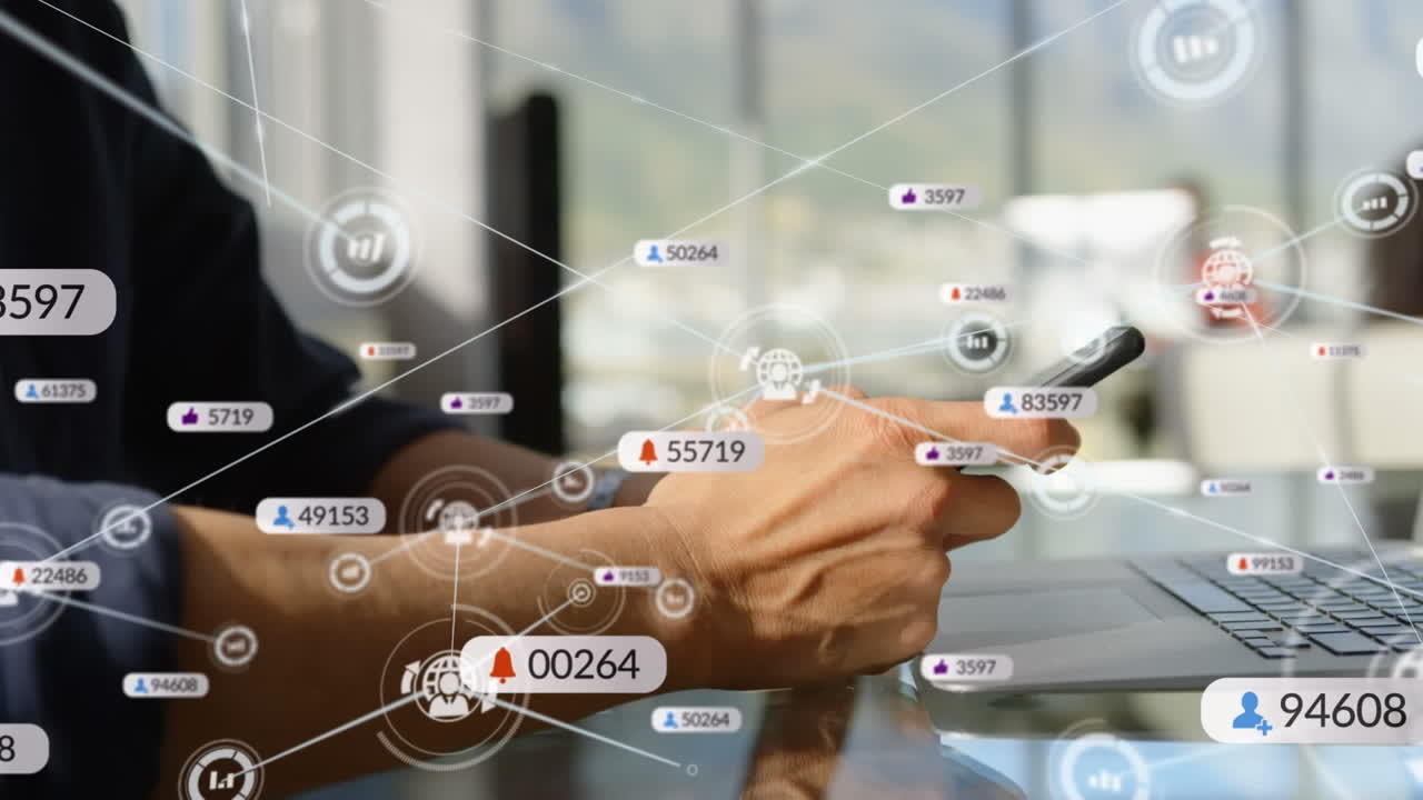 Animation of social media icons and numbers with connections over caucasian man using smartphone