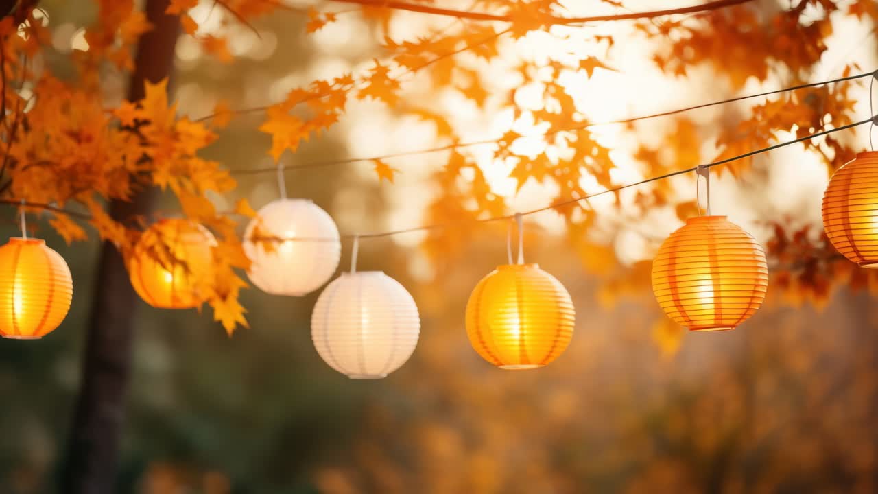 Warm autumn scene with glowing lanterns hanging among orange leaves