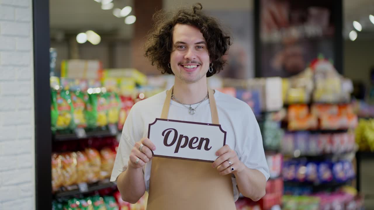 Portrait of a happy guy with black curly hair who smiles and holds a sign with the inscription open in his hands in a supermarket