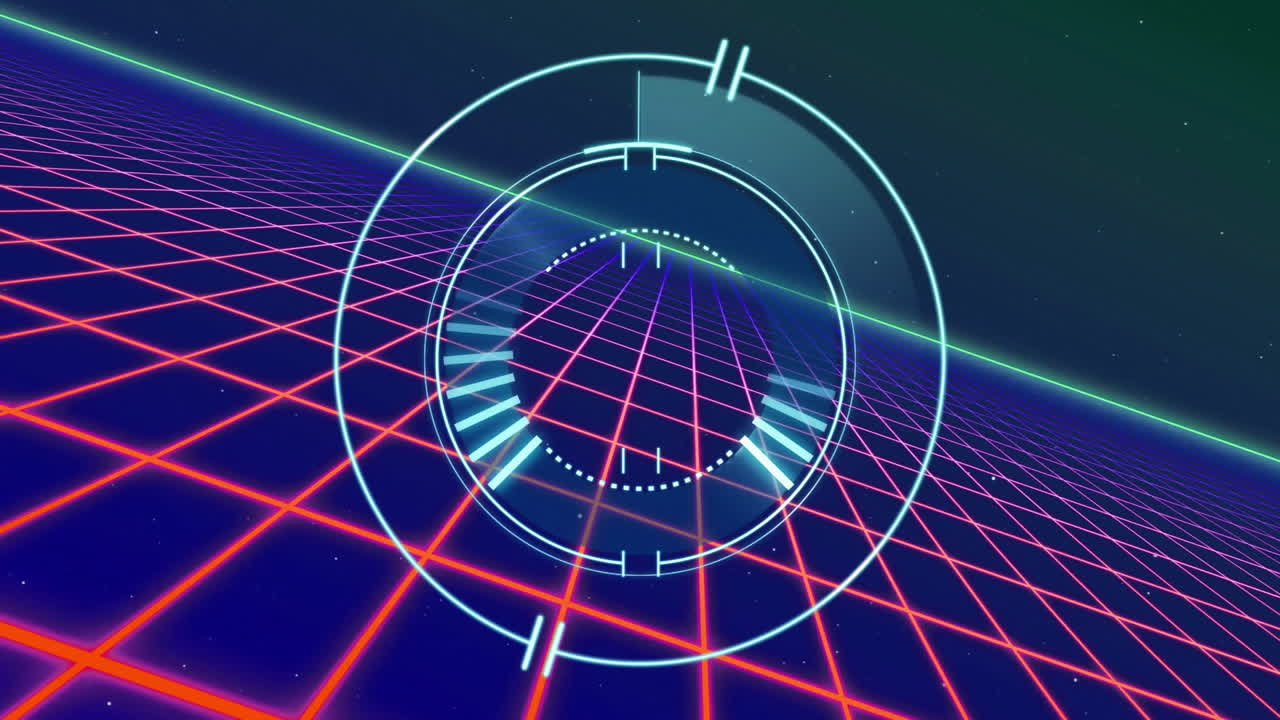 Animation of glowing grid with circular HUD elements in futuristic digital interface