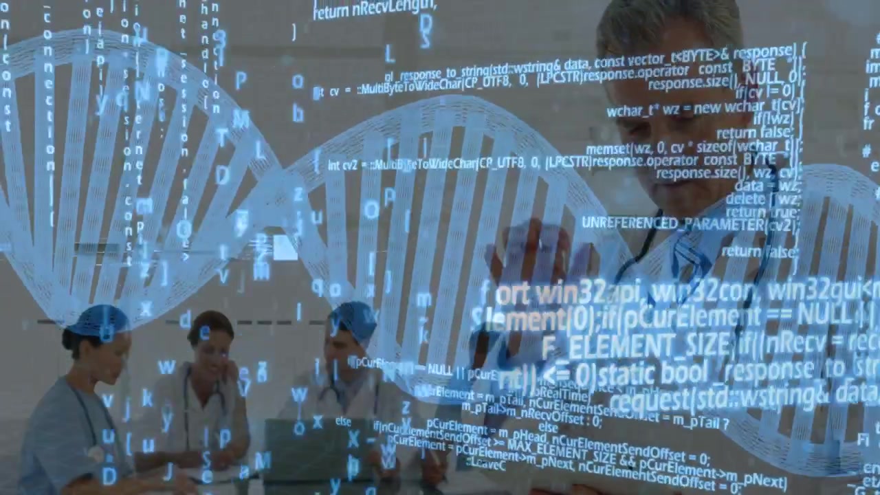 Vertical video: Laptop showing DNA code overlay, team reviewing genomic data, doctor tapping tablet