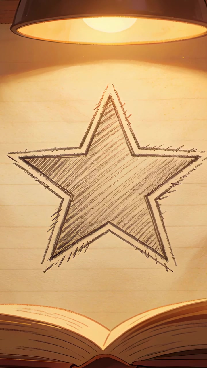 Video verticale: Lampada da scrivania che si attenua proiettando un bagliore caldo su una stella a cinque punte su carta, sulla scrivania con un libro.