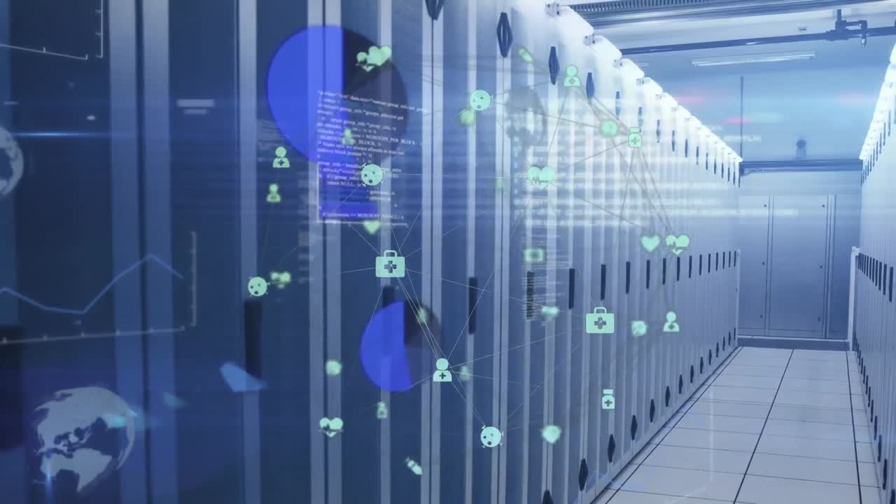 Animation of globe of medical icons spinning over data processing against computer server room