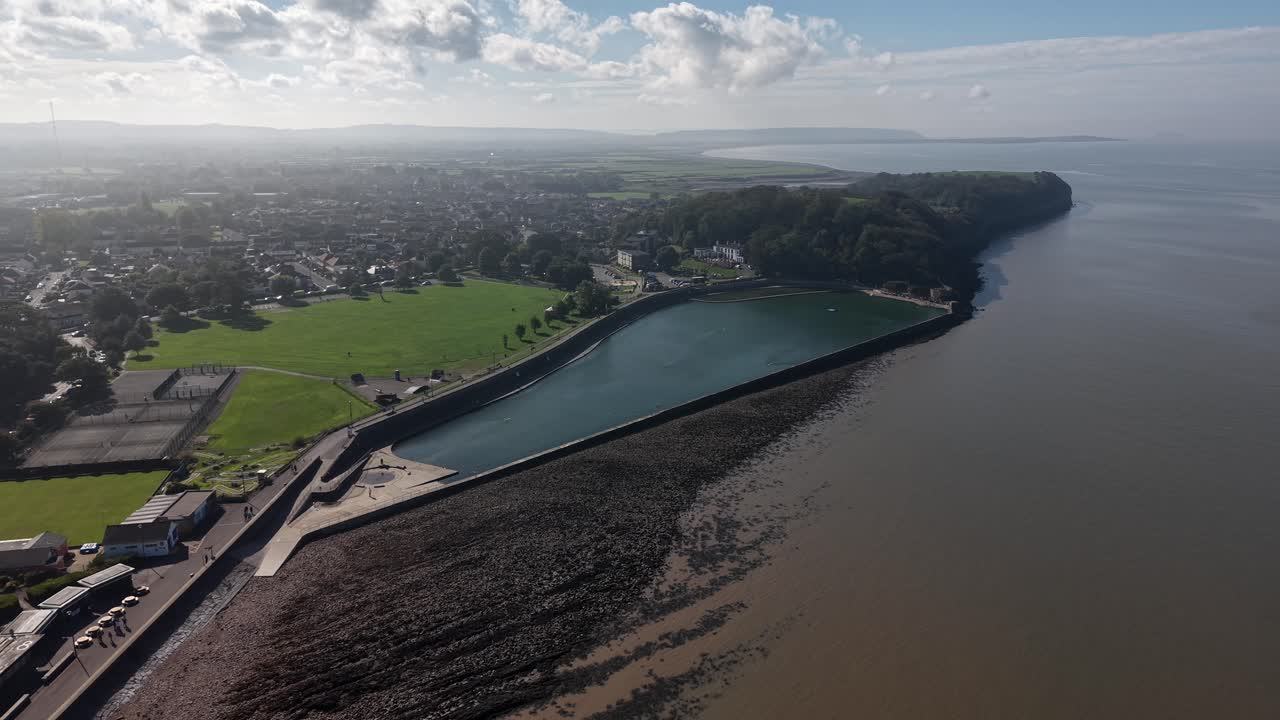 Drone shot of Clevedon Beach and Town, Somerset, England