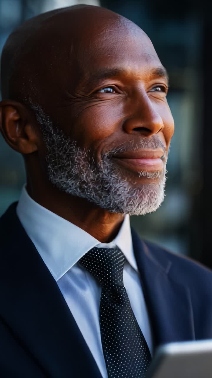 Confident Businessman in a Suit with Tablet, Reflecting on Success and Future Opportunities, Captured in Professional Urban Environment