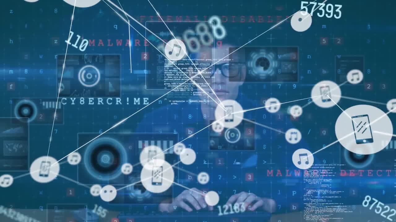 연결 네트워크의 애니메이션과 남성 해커에 대한 사이버 범죄 경고