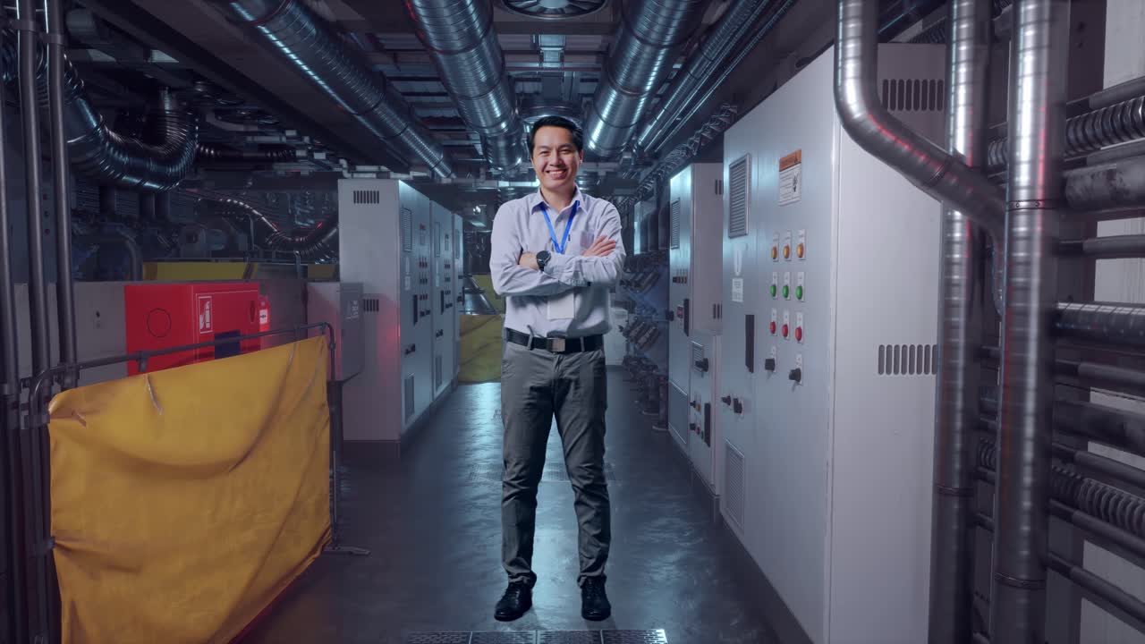 Full Body Shot Captures Of An Asian Male Professional Worker Standing In Engine Control Room, His Broad Smile At The Camera And Cross His Arm Over His Chest