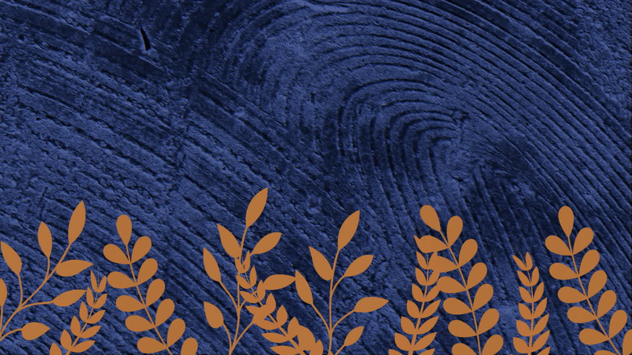 파란색 패턴을 가진 배경 위에 잎과 복사 공간의 애니메이션