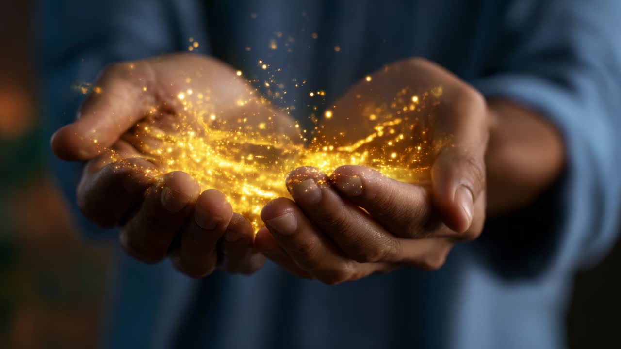 A Glowing Interplay of Light and Energy: Two Frames Capturing the Essence of Hands Emitting Sparkling Golden Particles, Symbolizing Creation, Transformation, and the Beauty of Human Connection Through Radiance