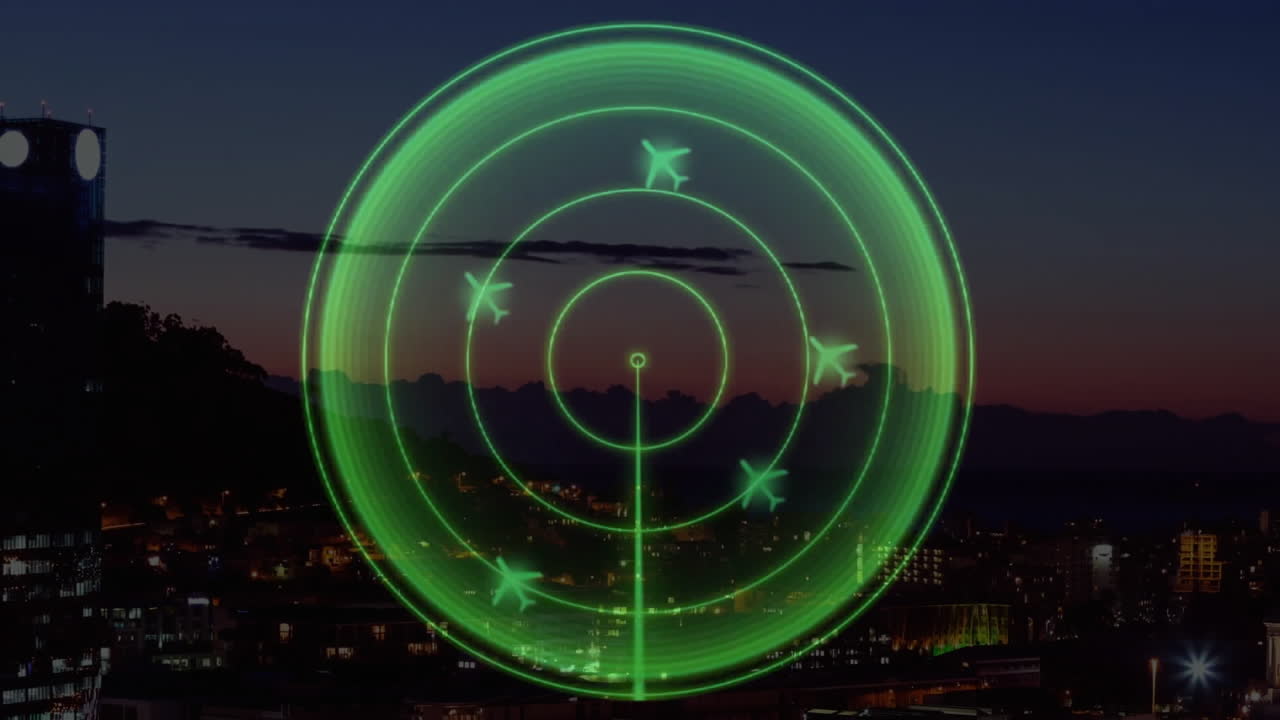 Animazione radar verde su paesaggio urbano al tramonto con montagne sullo sfondo