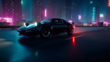 retro sports car driving through a neon cyberpunk city at night