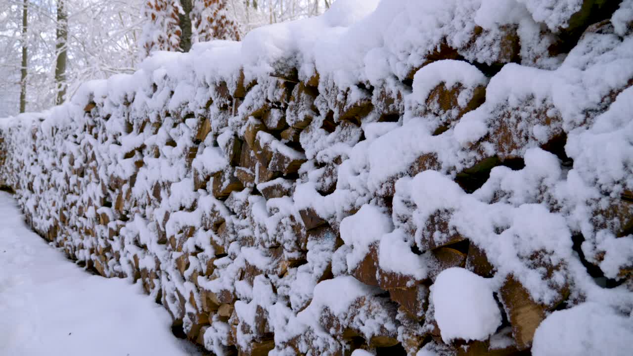 gran pila de leña cubierta de nieve en el país de las maravillas de invierno en un bosque durante el invierno en baviera, alemania