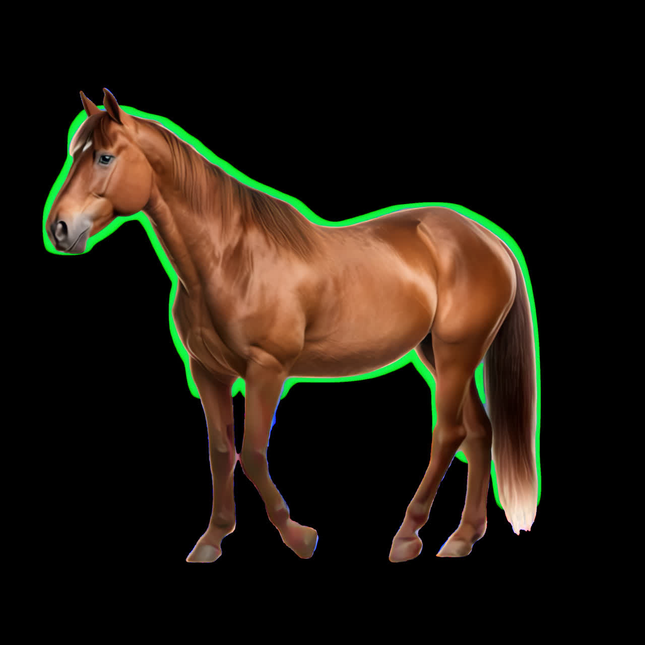 Animação de retrato de cavalo marrom elegante, ativo isolado, vídeo 4K transparente, canal alfa, ProRes.