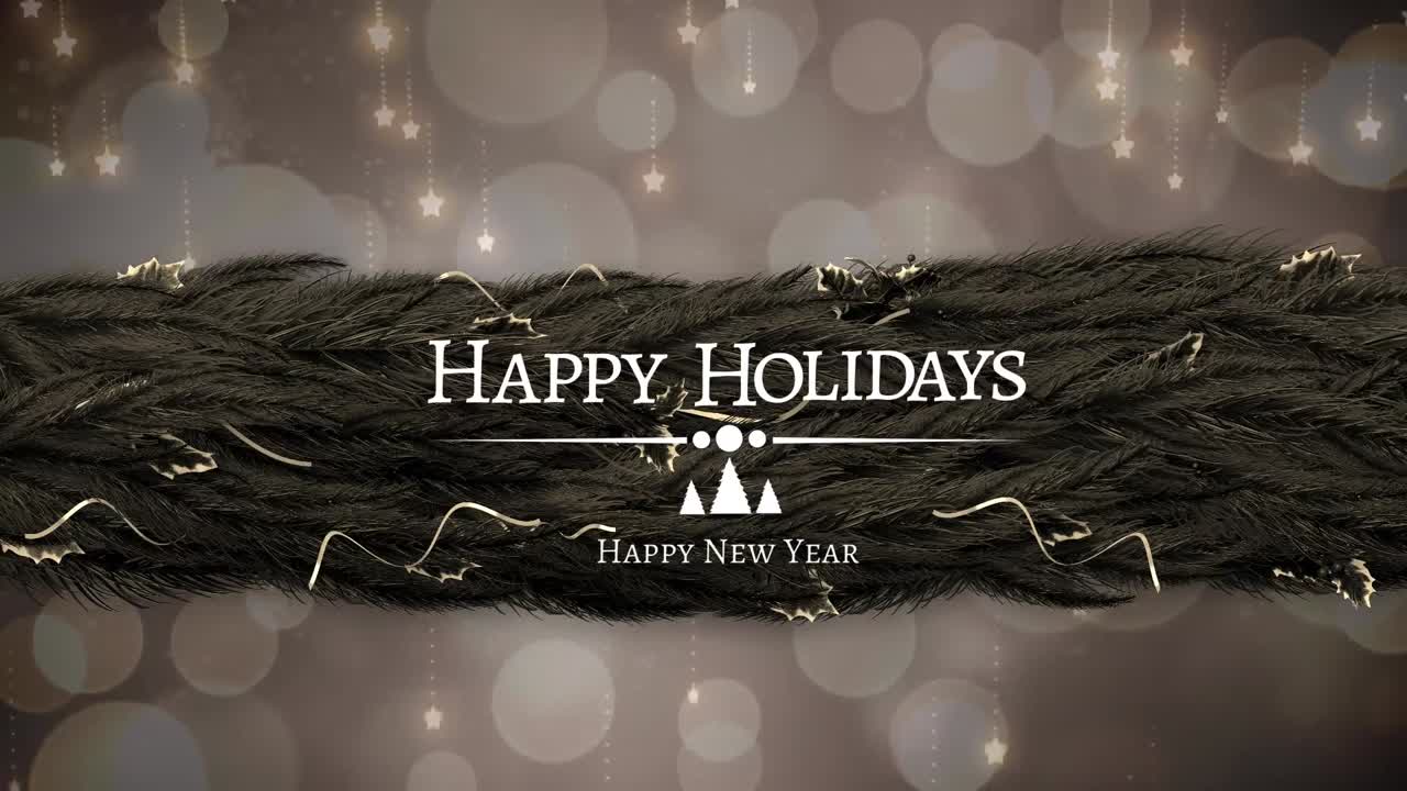 animación de felices fiestas y texto de año nuevo con estrellas brillantes, luces y rama de árbol de navidad.
