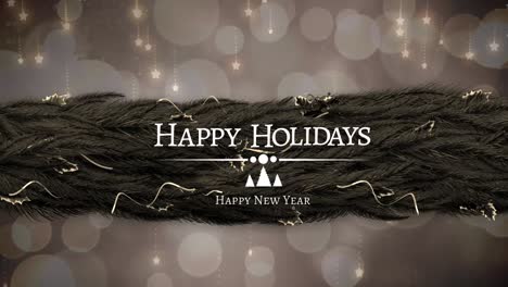 animation of happy holidays and new year text with glowing stars, lights and christmas tree branch